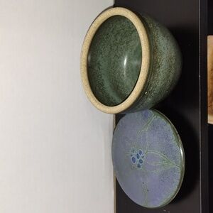 Signed Studio pottery signed CH treasure jar green, teal and purple glaze